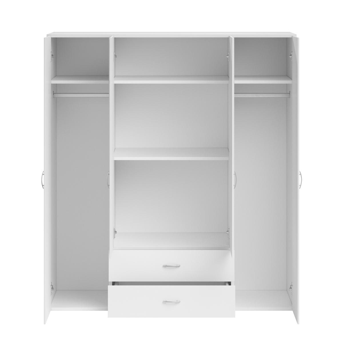 Interiax Kledingkast 'Saar' – 4 Deuren, 2 Lades, 2 Hangers & 4 Legplanken | Wit | 177x160x52 cm