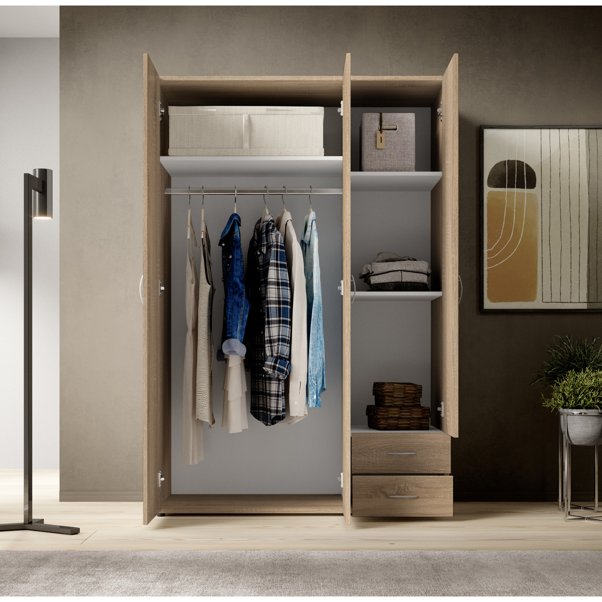 Interiax Kledingkast 'Saar' – 3 Deuren, 2 Lades, 1 Hanger & 3 legplanken | Sonoma Eik | 176x121x51 cm