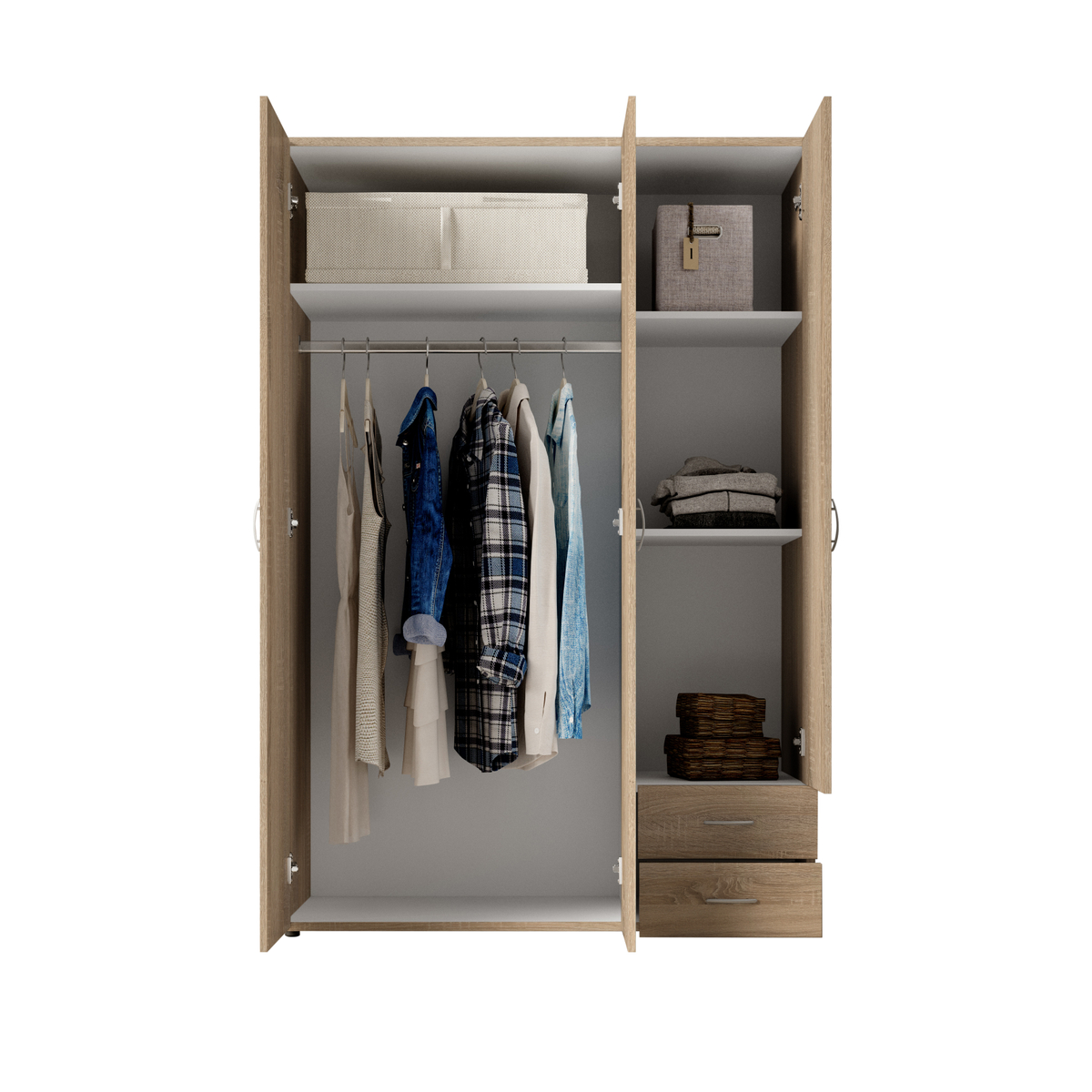 Interiax Kledingkast 'Saar' – 3 Deuren, 2 Lades, 1 Hanger & 3 legplanken | Sonoma Eik | 176x121x51 cm