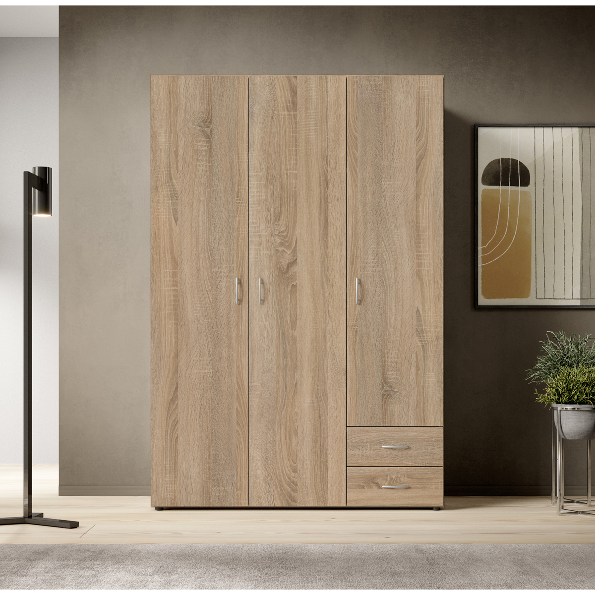 Interiax Kledingkast 'Saar' – 3 Deuren, 2 Lades, 1 Hanger & 3 legplanken | Sonoma Eik | 176x121x51 cm