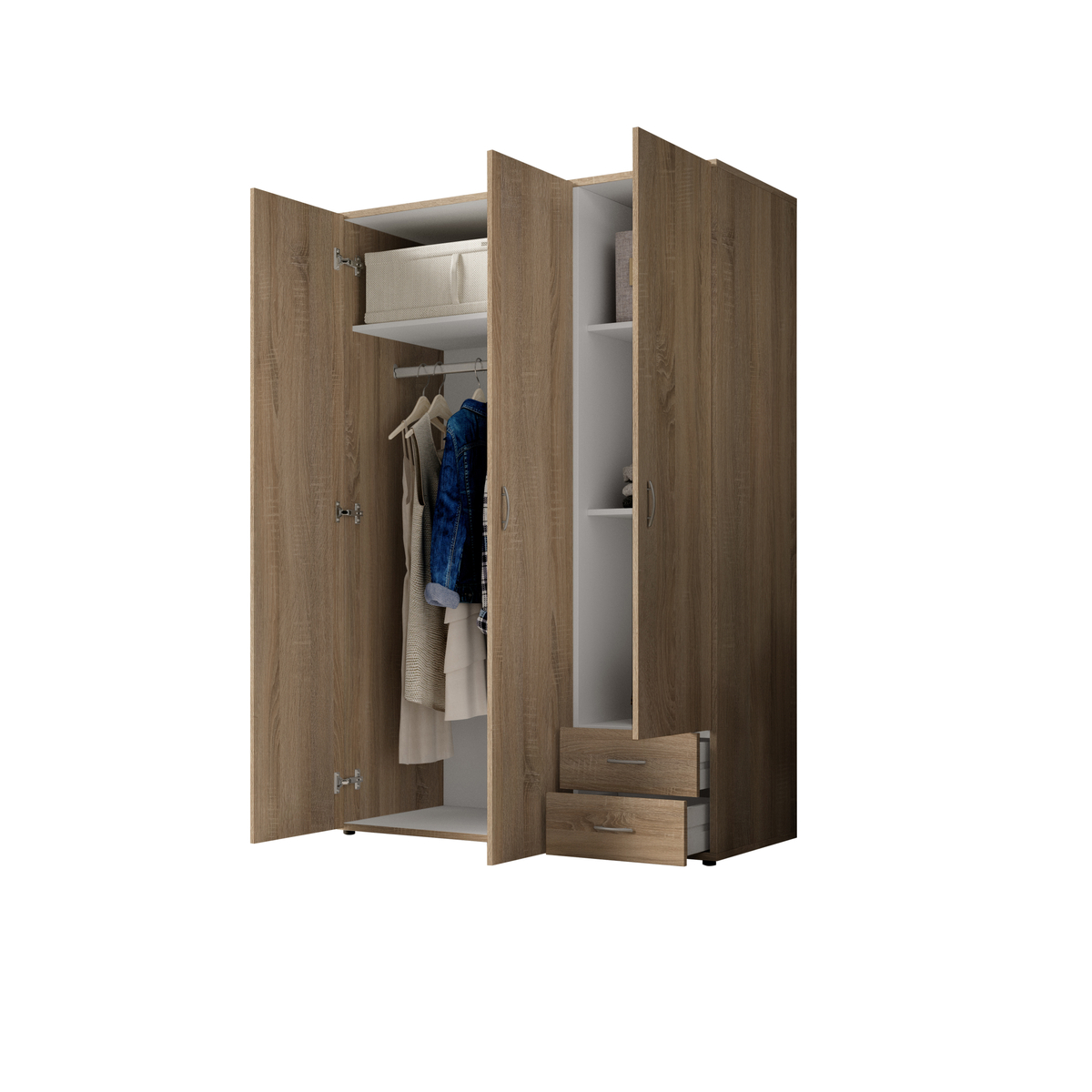 Interiax Kledingkast 'Saar' – 3 Deuren, 2 Lades, 1 Hanger & 3 legplanken | Sonoma Eik | 176x121x51 cm