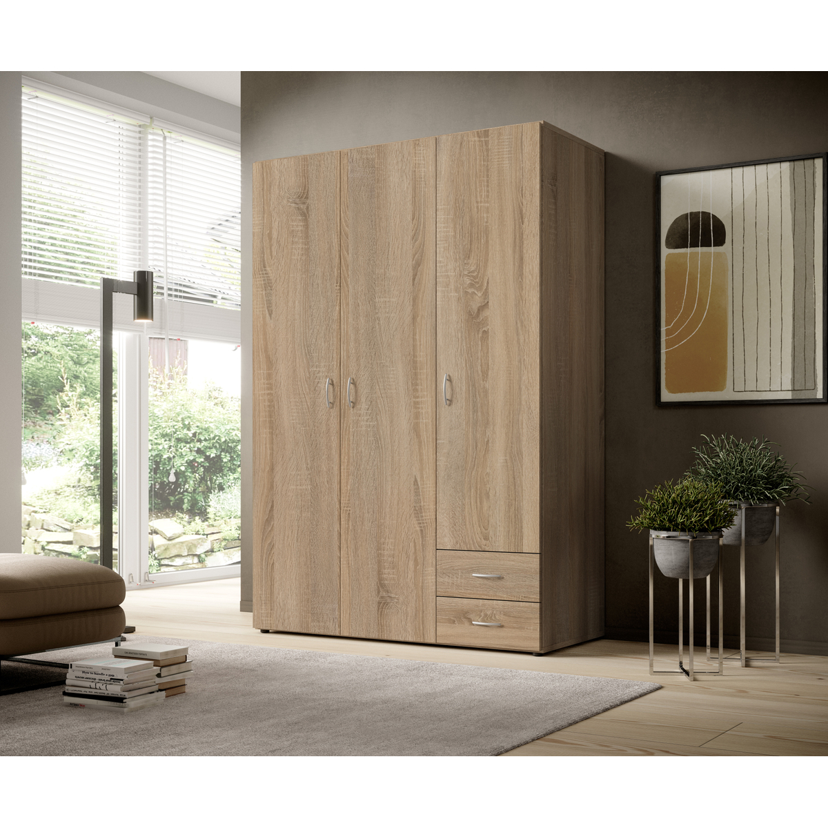 Interiax Kledingkast 'Saar' – 3 Deuren, 2 Lades, 1 Hanger & 3 legplanken | Sonoma Eik | 176x121x51 cm