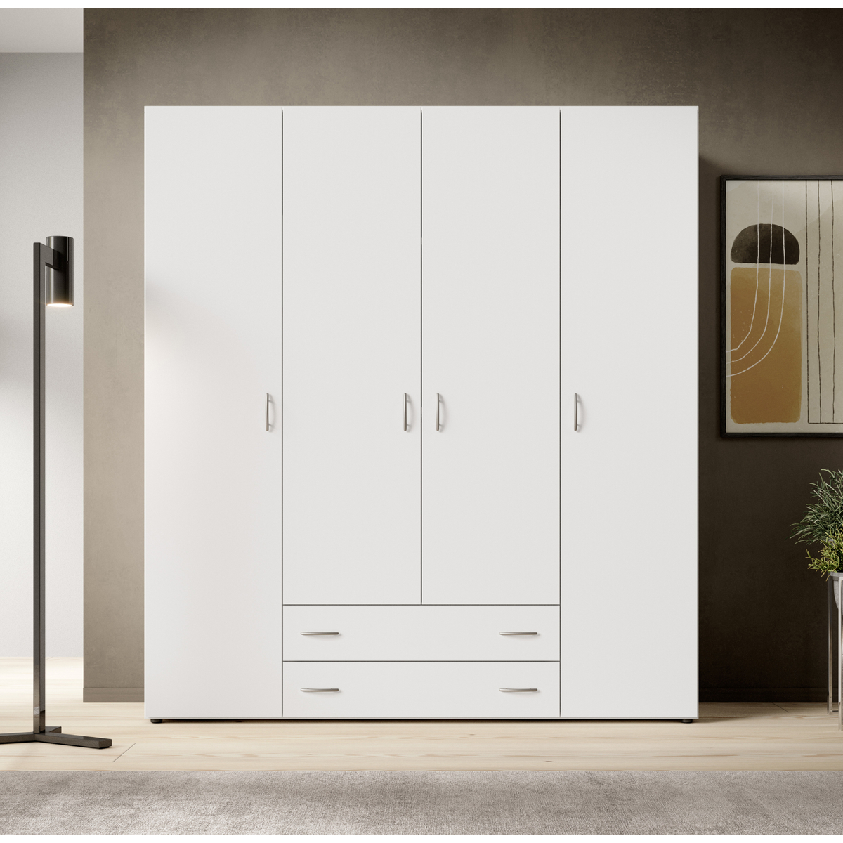 Interiax Kledingkast 'Saar' – 4 Deuren, 2 Lades, 2 Hangers & 4 Legplanken | Wit | 177x160x52 cm