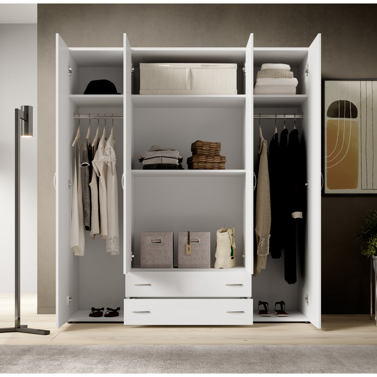 Interiax Kledingkast 'Saar' – 4 Deuren, 2 Lades, 2 Hangers & 4 Legplanken | Wit | 177x160x52 cm