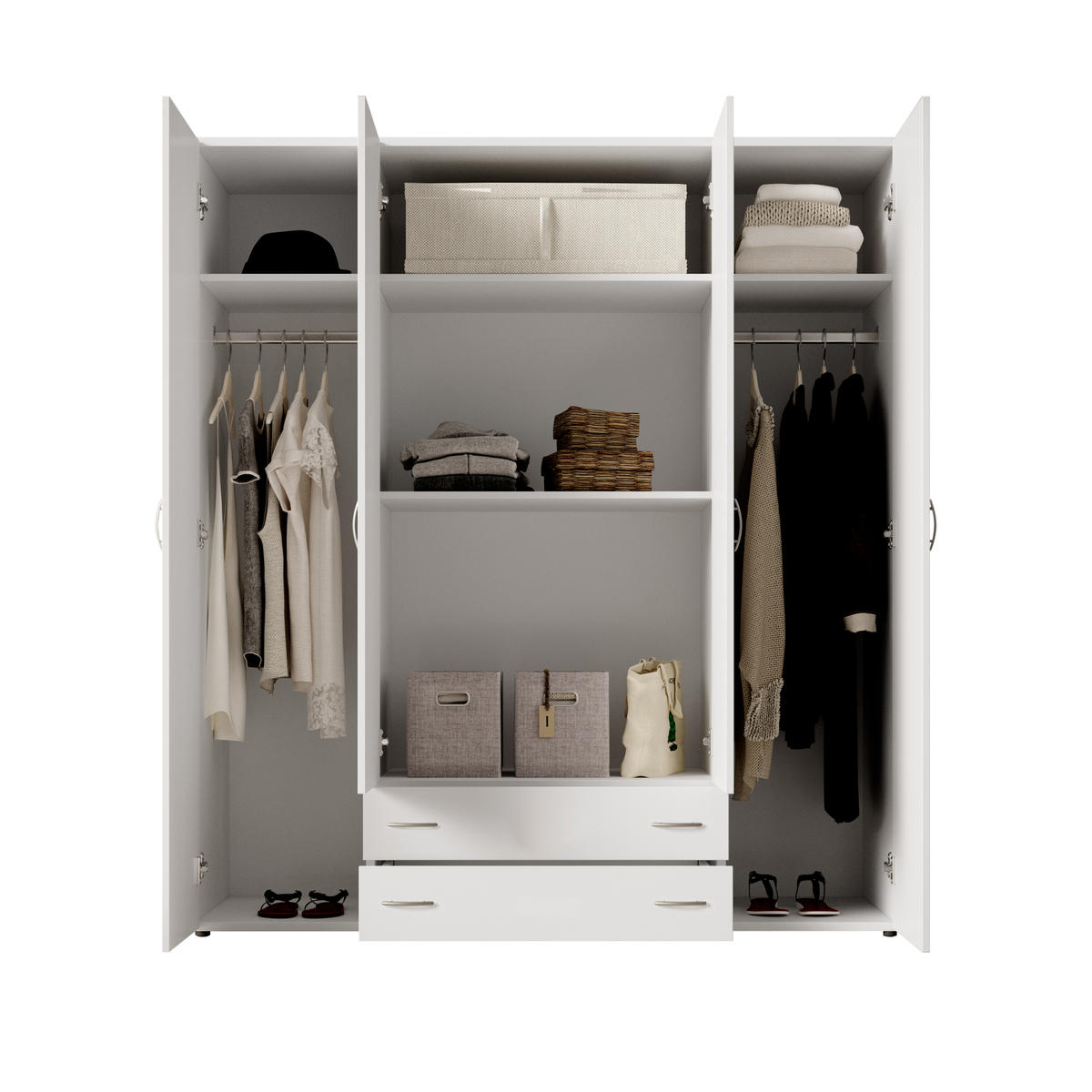 Interiax Kledingkast 'Saar' – 4 Deuren, 2 Lades, 2 Hangers & 4 Legplanken | Wit | 177x160x52 cm