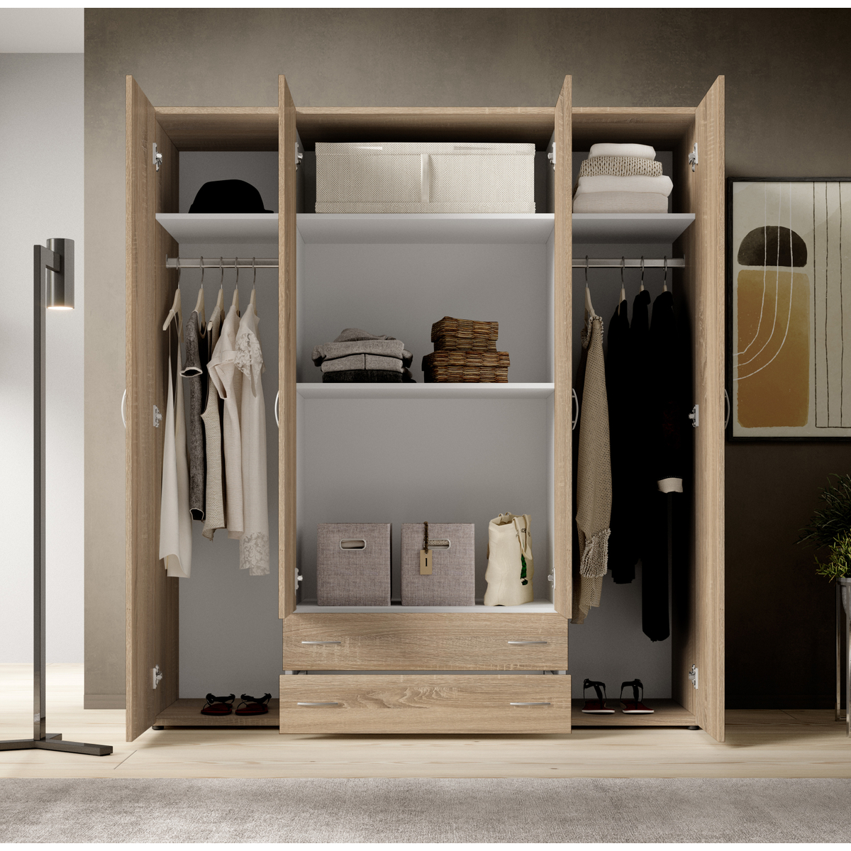 Interiax Kledingkast 'Saar' – 4 Deuren, 2 Lades, 2 Hangers & 4 Legplanken | Sonoma Eik | 177x160x52 cm