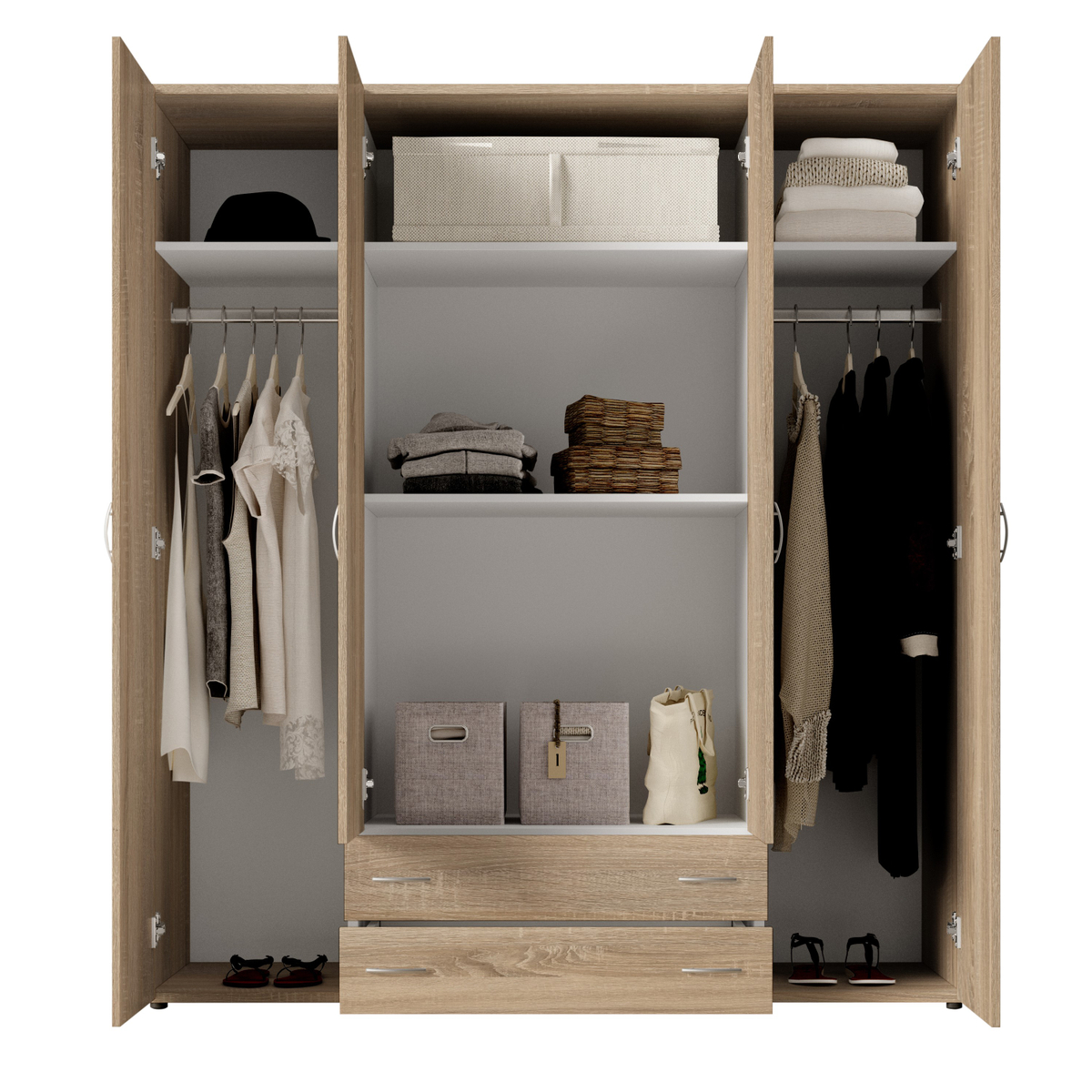 Interiax Kledingkast 'Saar' – 4 Deuren, 2 Lades, 2 Hangers & 4 Legplanken | Sonoma Eik | 177x160x52 cm