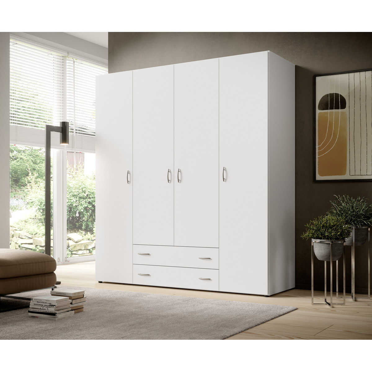 Interiax Kledingkast 'Saar' – 4 Deuren, 2 Lades, 2 Hangers & 4 Legplanken | Wit | 177x160x52 cm