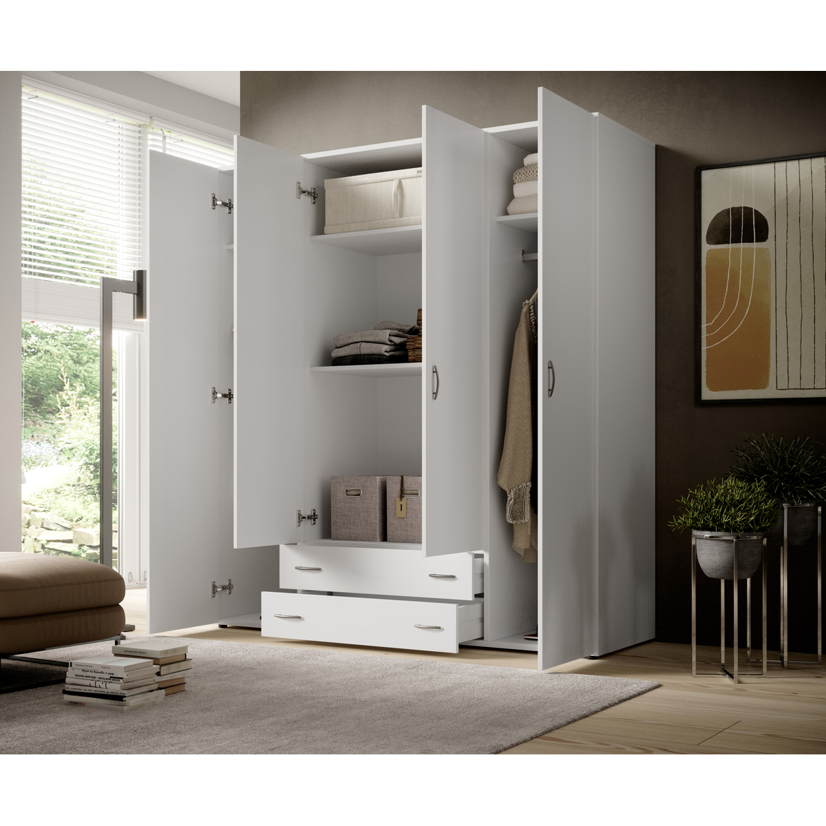 Interiax Kledingkast 'Saar' – 4 Deuren, 2 Lades, 2 Hangers & 4 Legplanken | Wit | 177x160x52 cm