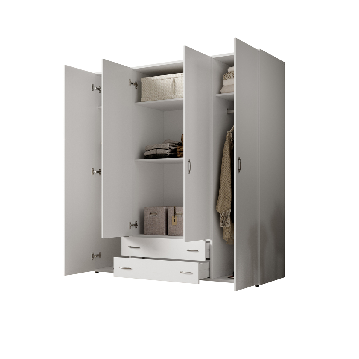 Interiax Kledingkast 'Saar' – 4 Deuren, 2 Lades, 2 Hangers & 4 Legplanken | Wit | 177x160x52 cm