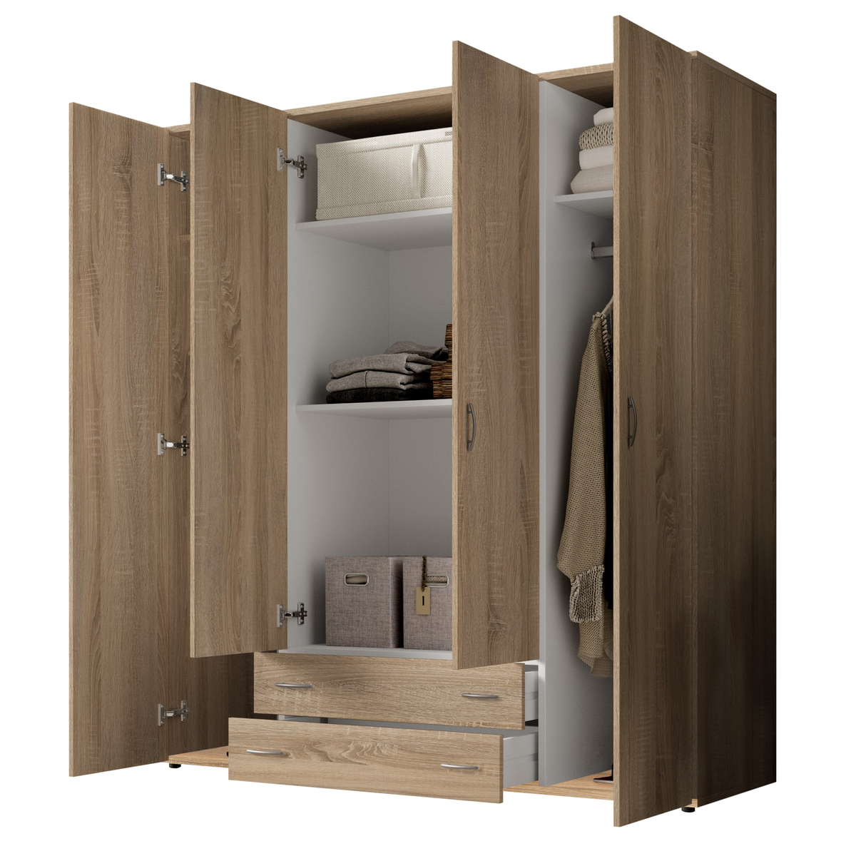 Interiax Kledingkast 'Saar' – 4 Deuren, 2 Lades, 2 Hangers & 4 Legplanken | Sonoma Eik | 177x160x52 cm