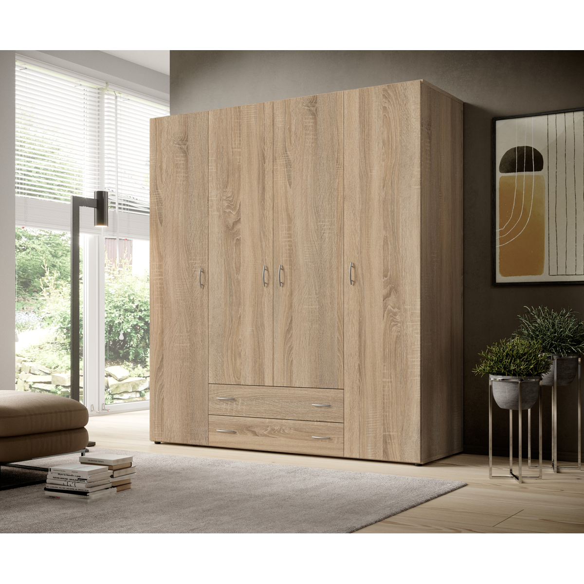 Interiax Kledingkast 'Saar' – 4 Deuren, 2 Lades, 2 Hangers & 4 Legplanken | Sonoma Eik | 177x160x52 cm