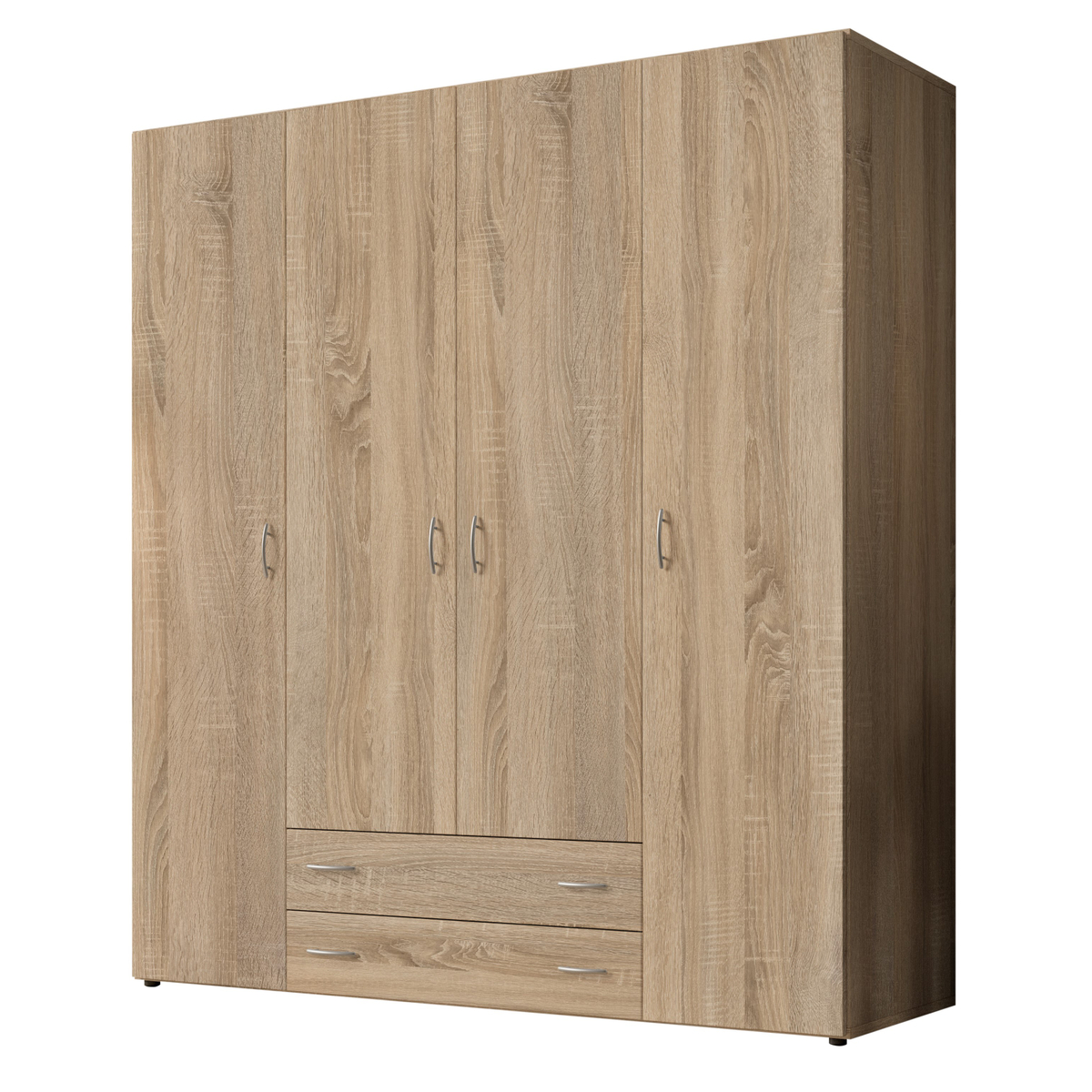 Interiax Kledingkast 'Saar' – 4 Deuren, 2 Lades, 2 Hangers & 4 Legplanken | Sonoma Eik | 177x160x52 cm