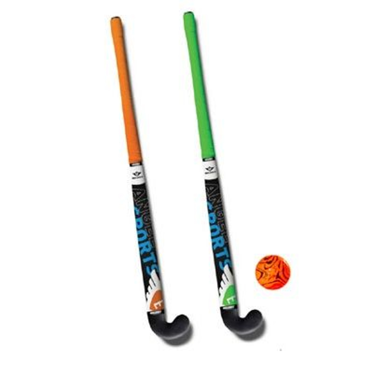 Hockeyset 2st oranje en groen kunststof 30 inch met oranje bal in tas
