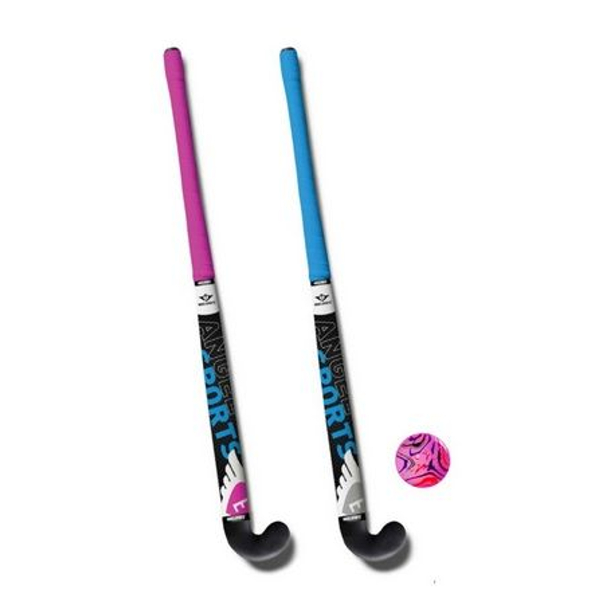 Hockeyset 2st roze en blauw kunststof 28 inch met roze bal in tas