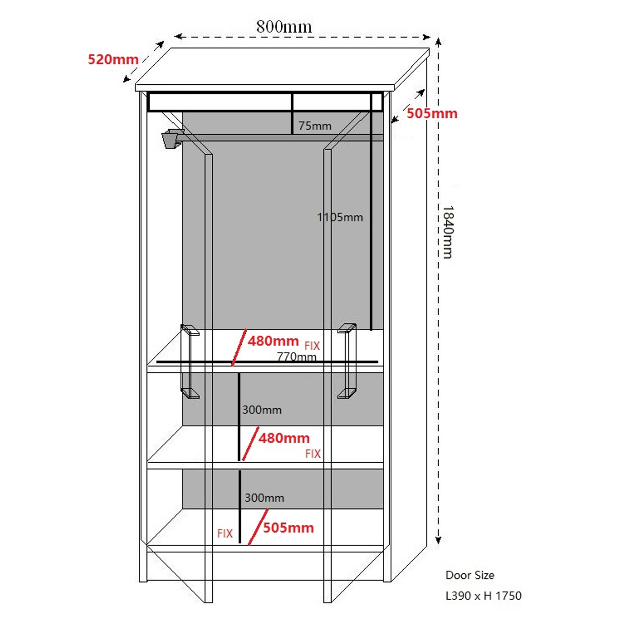 Interiax Opbergkast - Kledingkast 'Lucas' - 2 Deuren, 1 Hanger & 2 Legplanken | Wit | 184x80x52 cm