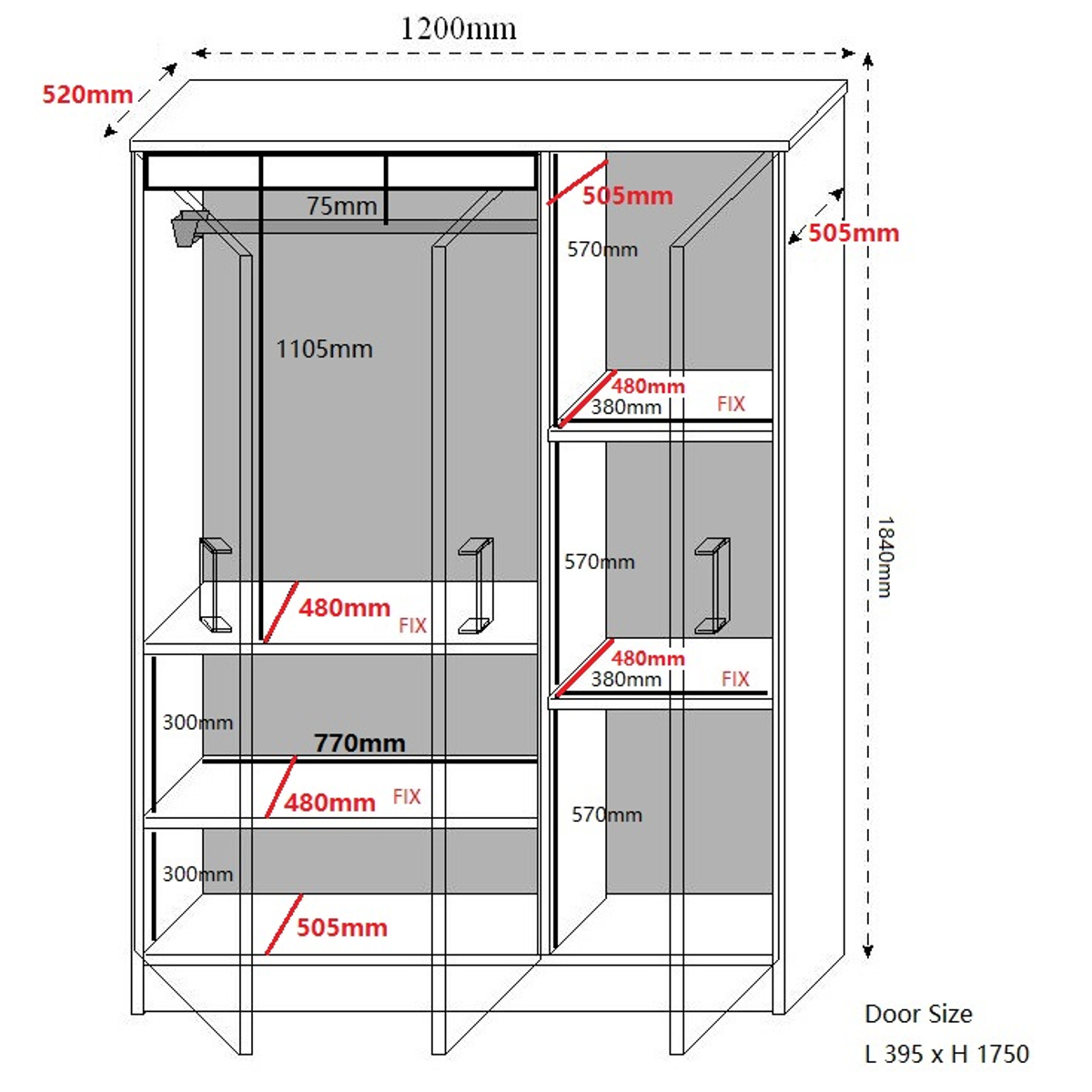 Interiax Opbergkast - Kledingkast 'Lucas' - 3 Deuren, 1 Hanger & 4 Legplanken | Wit | 184x120x52 cm