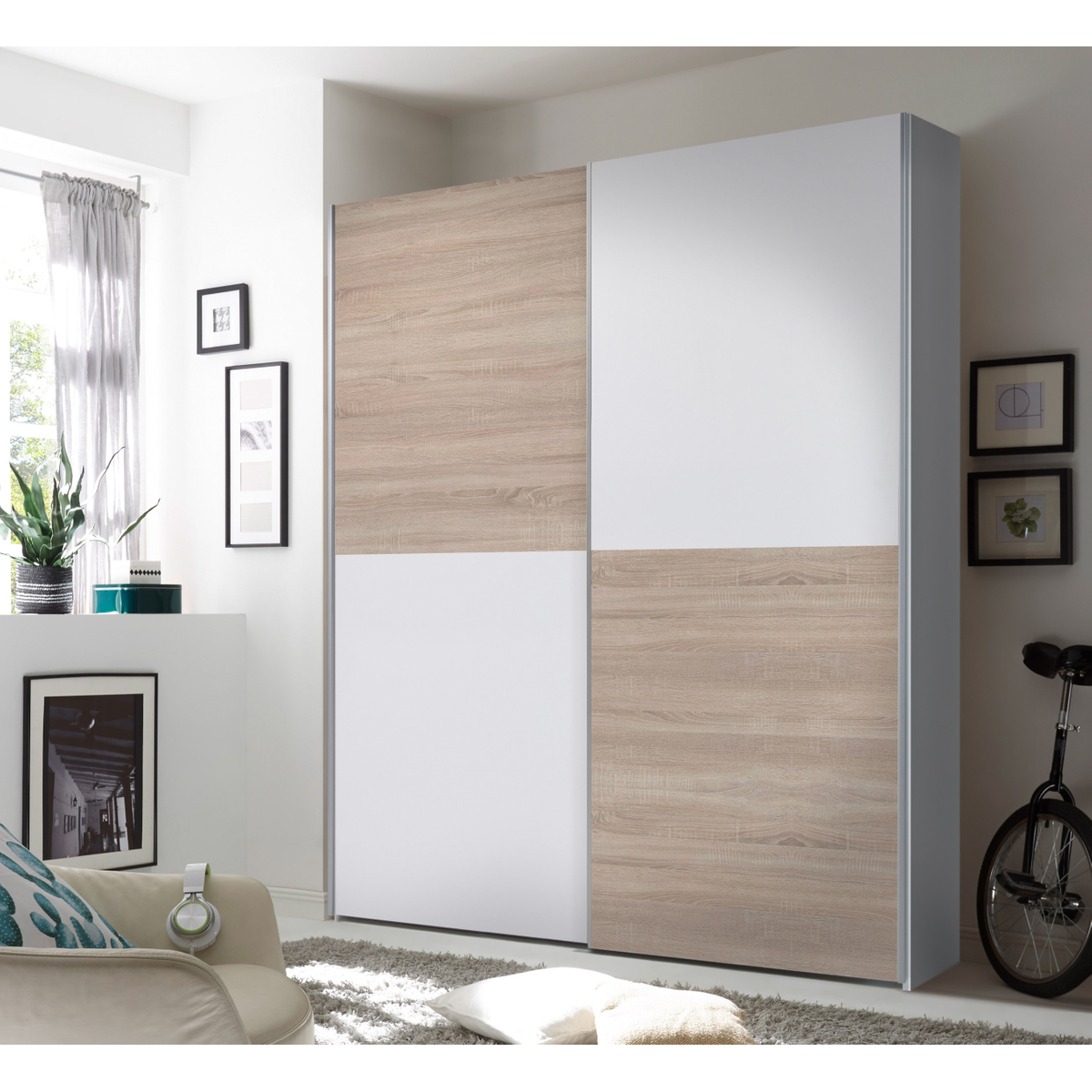 Interiax Wardrobe 'Emma' - Armoire à portes coulissantes avec 2 cintres et 2 étagères | Sonoma Oak | 195x170x57.5 cm