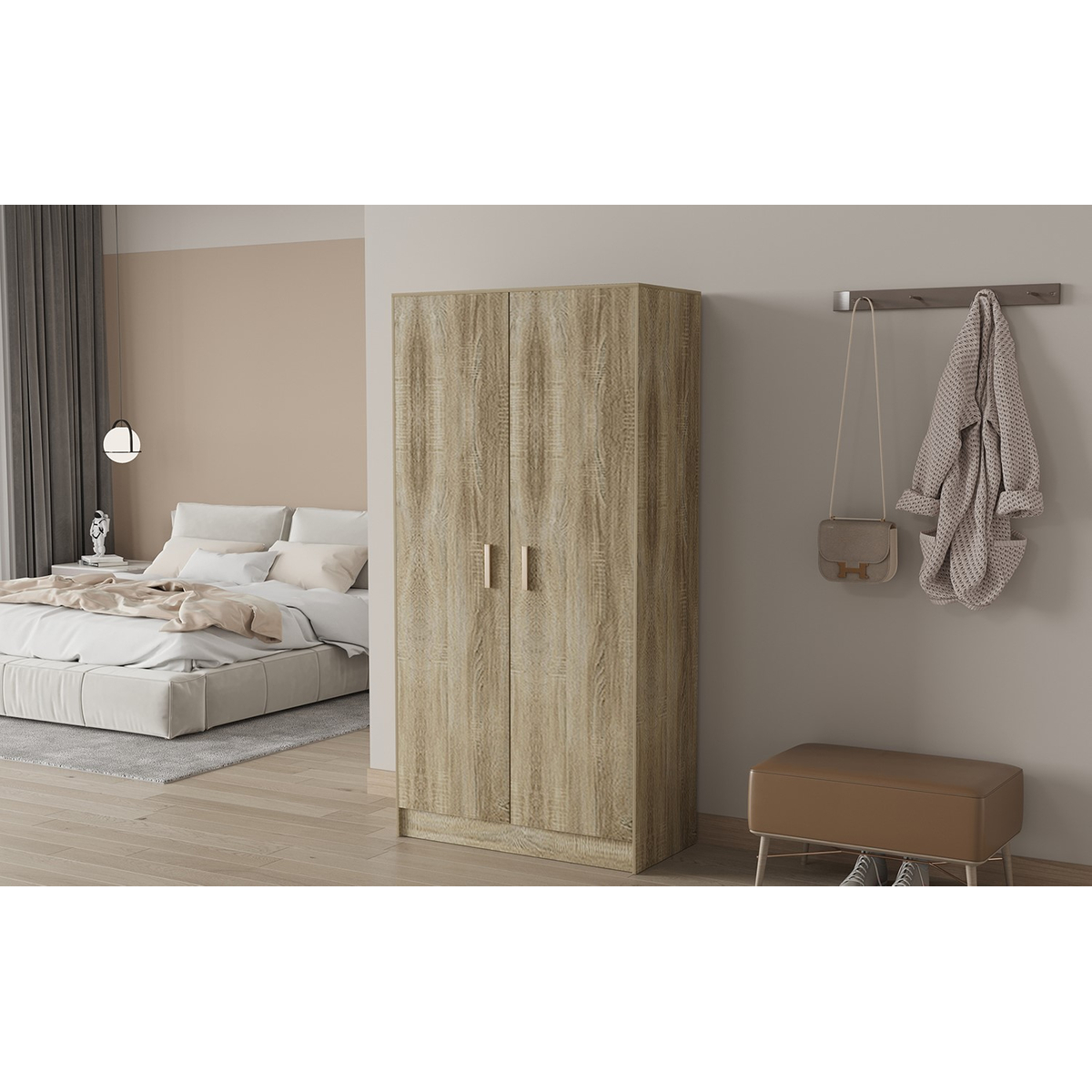 Interiax Opbergkast - Kledingkast 'Aurora' – 2 Deuren & 4 Legplanken | Sonoma Eik | 148x72x36 cm