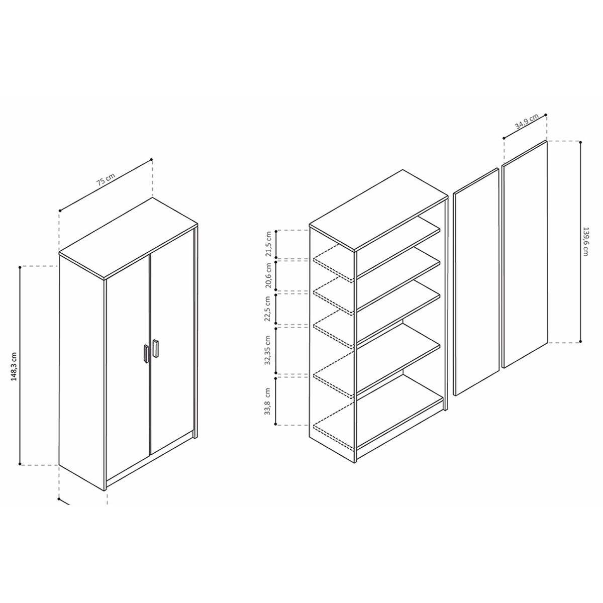 Interiax Opbergkast - Kledingkast 'Aurora' – 2 Deuren & 4 Legplanken | Sonoma Eik | 148x72x36 cm