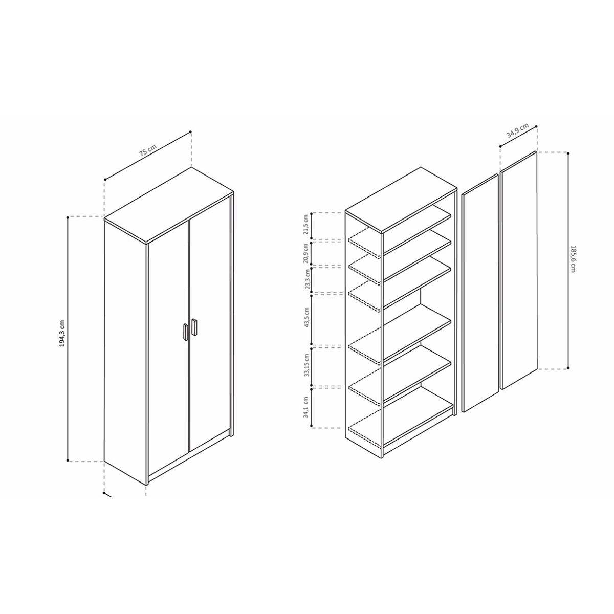 Interiax Opbergkast - Kledingkast 'Aurora' – 2 Deuren & 4 Legplanken | Sonoma Eik | 194x72x36 cm