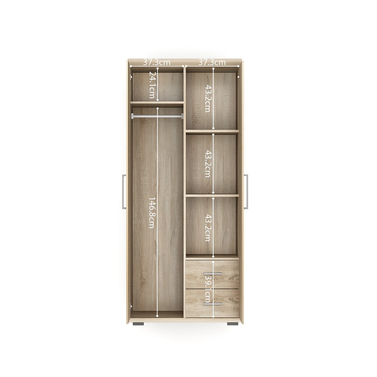 Interiax Kledingkast 'Mila' – 2 Deuren, 2 Lades, 1 Hanger & 3 Legplanken | Sonoma Eik | 183x80x52 cm