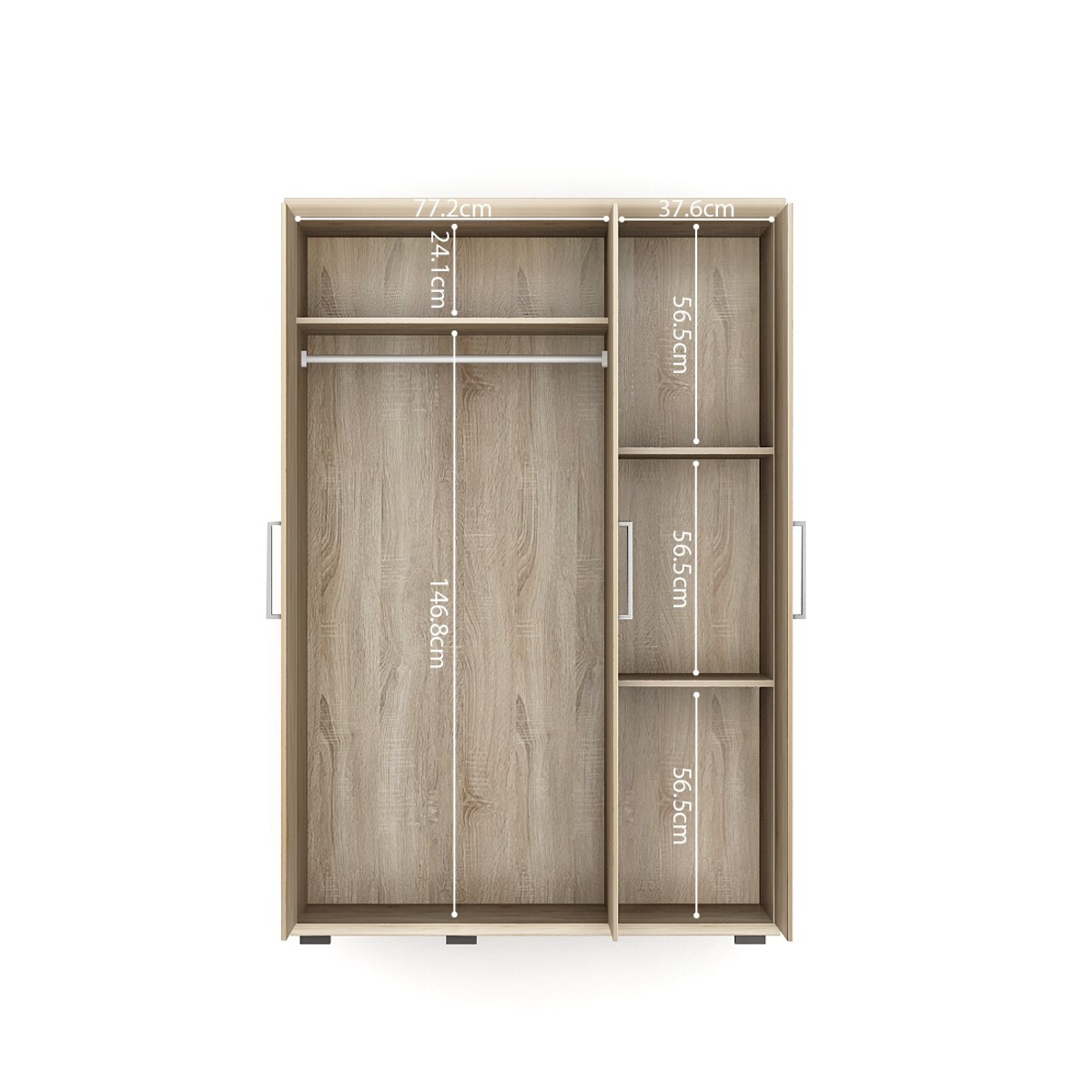 Interiax Kledingkast 'Mila' – 3 Deuren, 1 Hanger & 3 Legplanken | Sonoma Eik | 183x120x52cm
