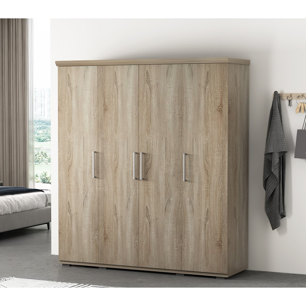 Interiax Kledingkast 'Mila' – 4 Deuren, 1 Hanger & 6 Legplanken | Sonoma Eik | 183x160x52cm