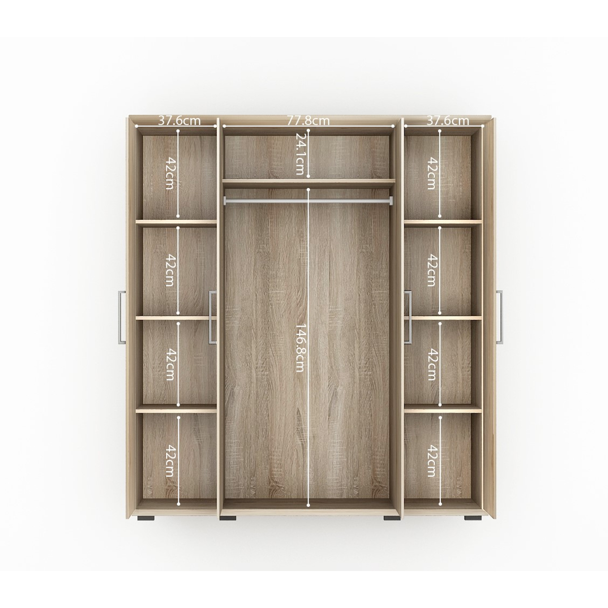 Interiax Kledingkast 'Mila' – 4 Deuren, 1 Hanger & 6 Legplanken | Sonoma Eik | 183x160x52cm