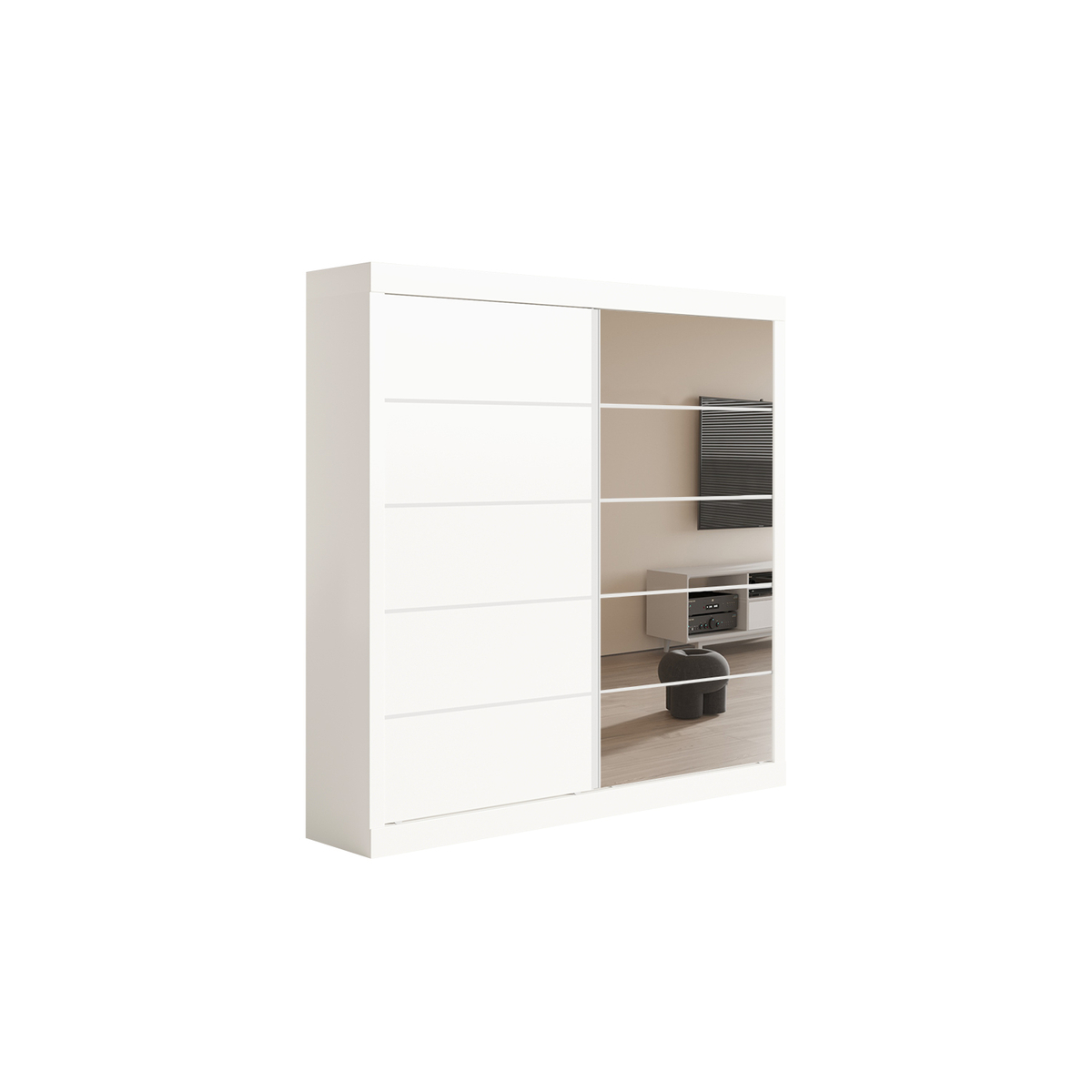 Interiax Wardrobe 'Mila' - White Sliding Door Wardrobe with 1 Hanger, 4 Shelves & Mirror | 197.5x182.5x52.5 cm
