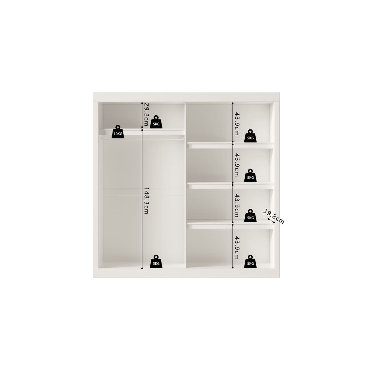 Interiax Wardrobe 'Mila' - White Sliding Door Wardrobe with 1 Hanger, 4 Shelves & Mirror | 197.5x182.5x52.5 cm