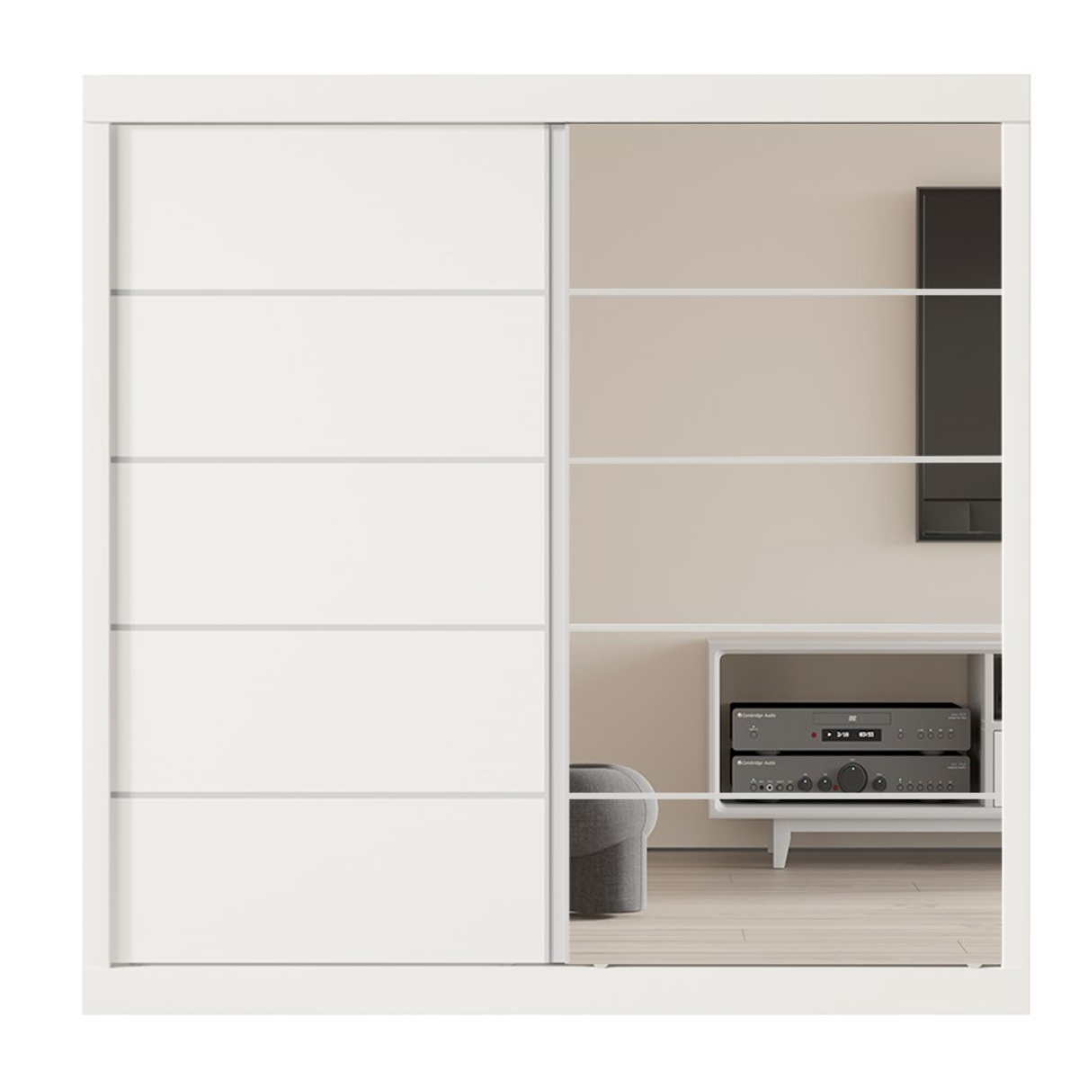 Interiax Wardrobe 'Mila' - White Sliding Door Wardrobe with 1 Hanger, 4 Shelves & Mirror | 197.5x182.5x52.5 cm