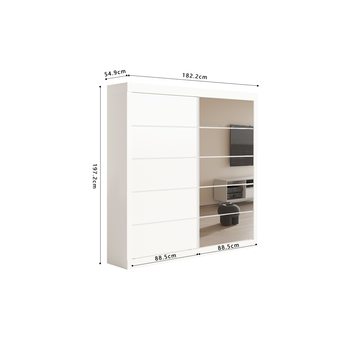Interiax Wardrobe 'Mila' - White Sliding Door Wardrobe with 1 Hanger, 4 Shelves & Mirror | 197.5x182.5x52.5 cm