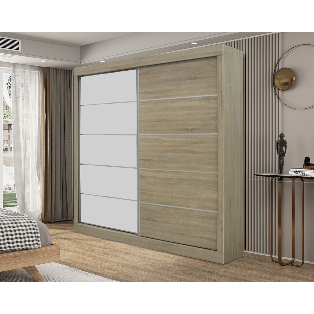 Interiax Kledingkast 'Mila' – Sonoma Eik Schuifdeurkast met 1 Hanger, 4 Legplanken & Spiegel | 197.5x182.5x52.5 cm