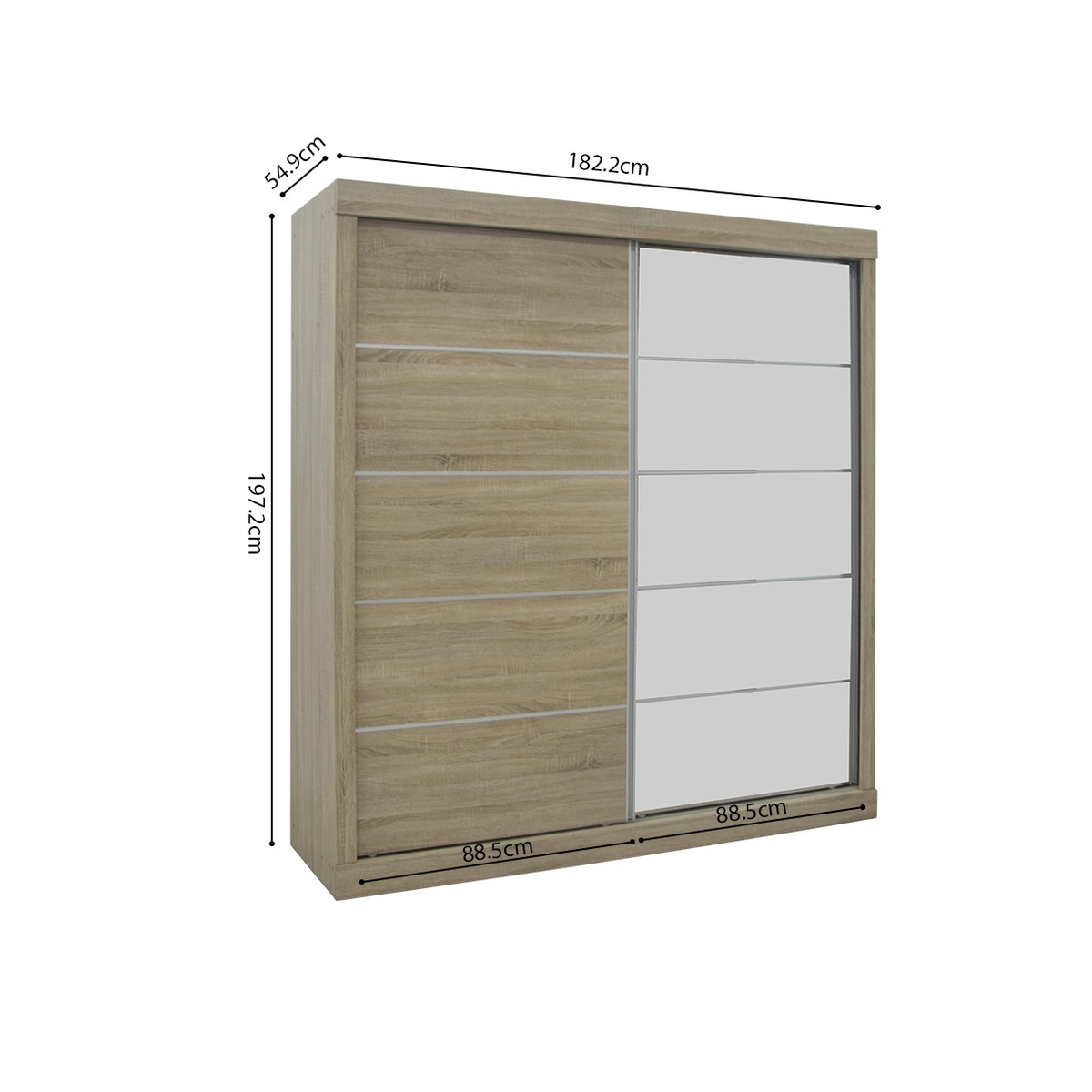 Interiax Kledingkast 'Mila' – Sonoma Eik Schuifdeurkast met 1 Hanger, 4 Legplanken & Spiegel | 197.5x182.5x52.5 cm