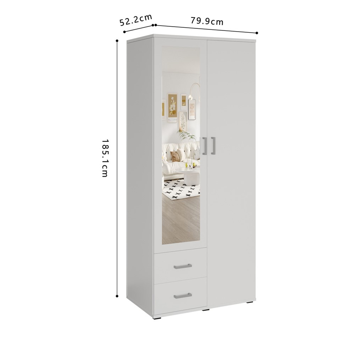 Interiax Kledingkast 'Lena' – 2 Deuren, 2 Lades, 1 Hanger, Spiegel & 1 Legplank | Wit | 185x80x52cm