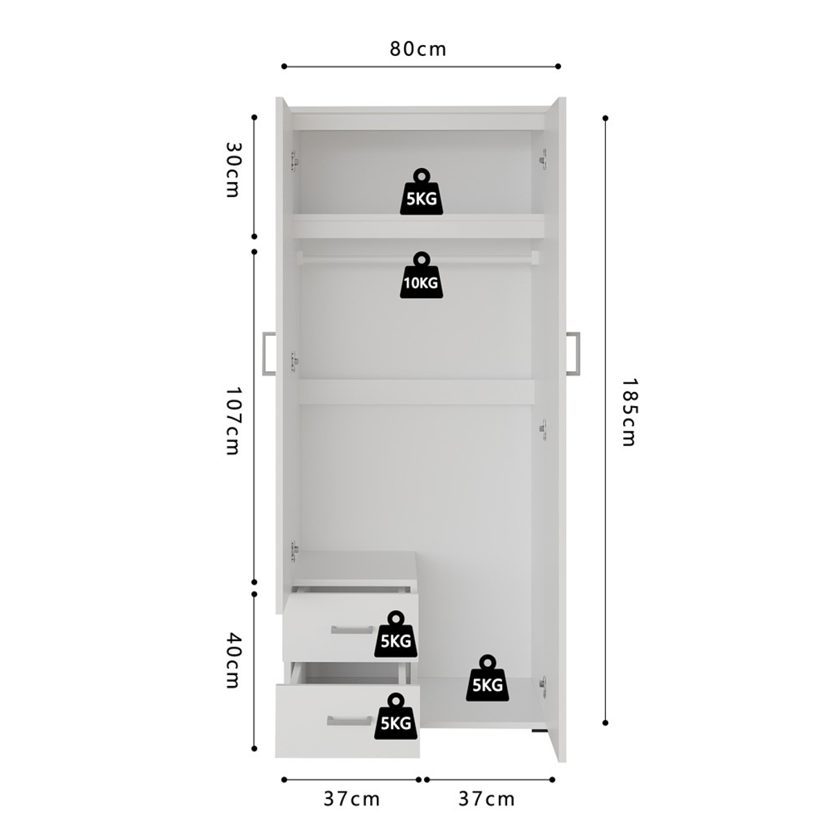 Interiax Kledingkast 'Lena' – 2 Deuren, 2 Lades, 1 Hanger, Spiegel & 1 Legplank | Wit | 185x80x52cm