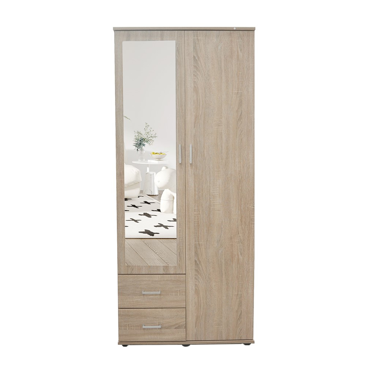 Interiax Kledingkast 'Lena' – 2 Deuren, 2 Lades, 1 Hanger, Spiegel & 1 Legplank | Sonoma Eik | 185x80x52cm