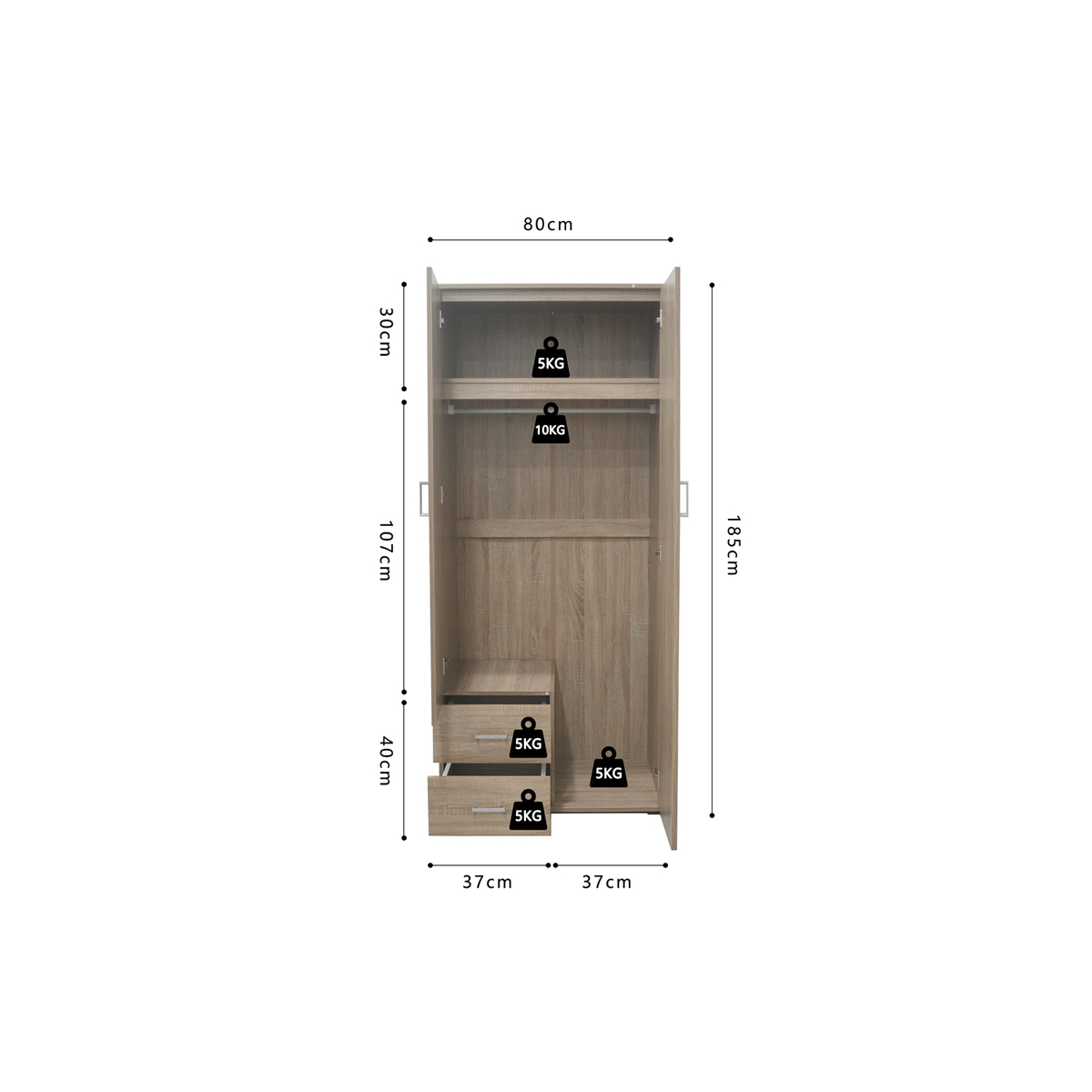 Interiax Kledingkast 'Lena' – 2 Deuren, 2 Lades, 1 Hanger, Spiegel & 1 Legplank | Sonoma Eik | 185x80x52cm