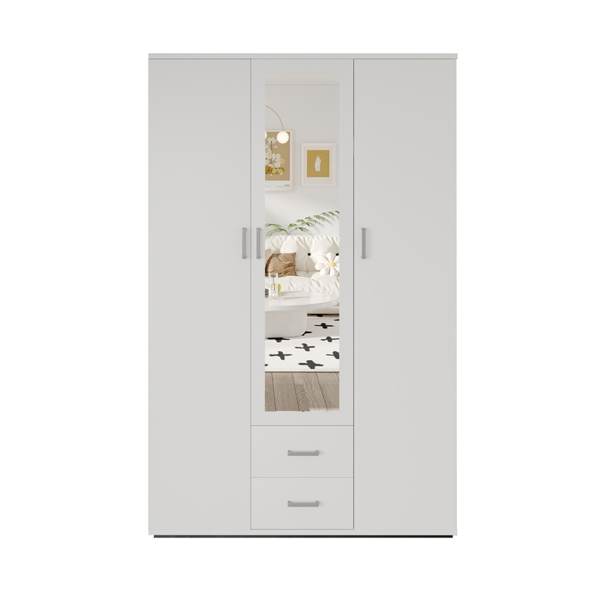 Interiax Kledingkast 'Lena' – 3 Deuren, 2 Lades, 1 Hanger, Spiegel & 4 Legplank | Wit | 185x120x52cm