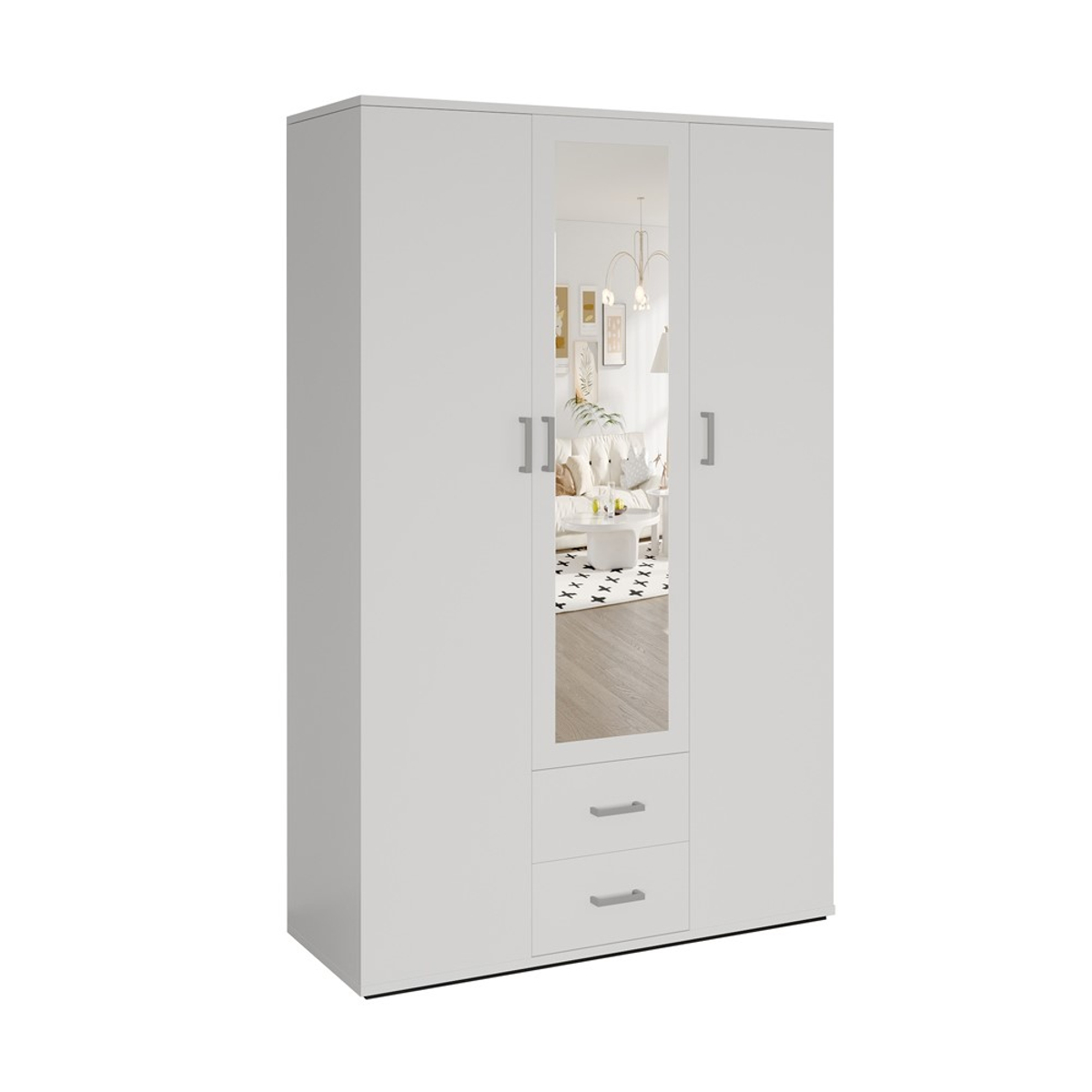 Interiax Kledingkast 'Lena' – 3 Deuren, 2 Lades, 1 Hanger, Spiegel & 4 Legplank | Wit | 185x120x52cm