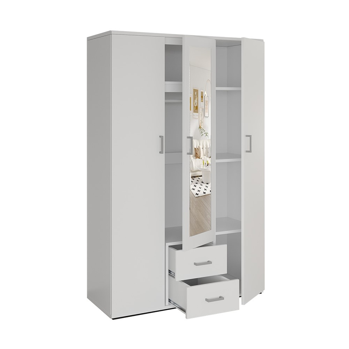 Interiax Kledingkast 'Lena' – 3 Deuren, 2 Lades, 1 Hanger, Spiegel & 4 Legplank | Wit | 185x120x52cm