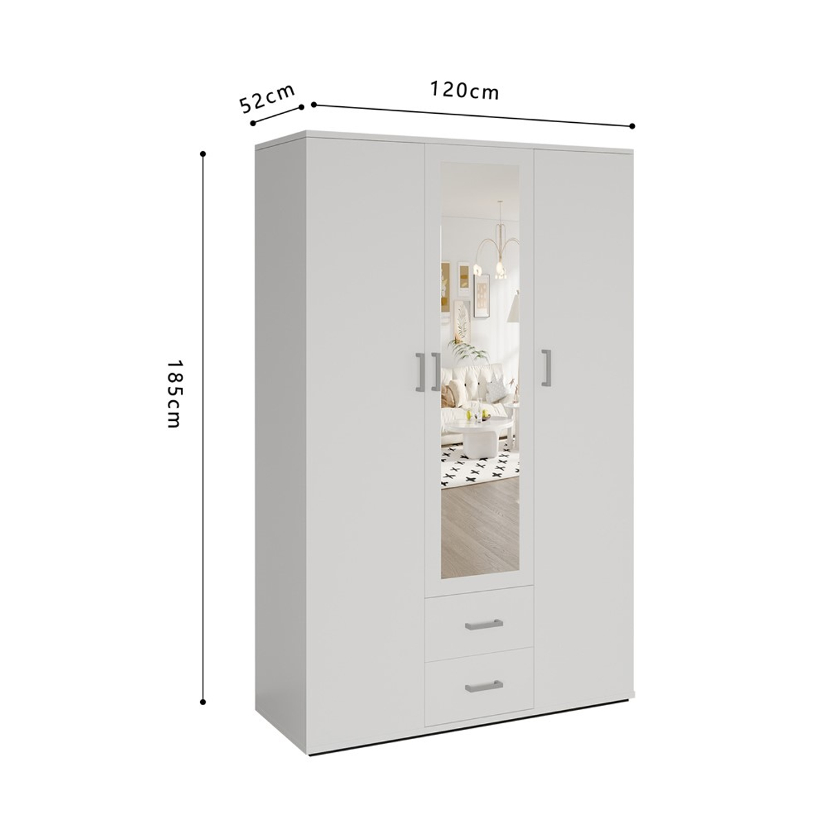 Interiax Kledingkast 'Lena' – 3 Deuren, 2 Lades, 1 Hanger, Spiegel & 4 Legplank | Wit | 185x120x52cm