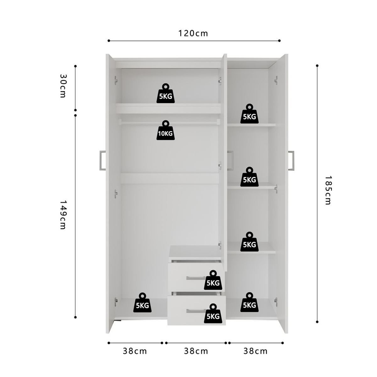 Interiax Kledingkast 'Lena' – 3 Deuren, 2 Lades, 1 Hanger, Spiegel & 4 Legplank | Wit | 185x120x52cm
