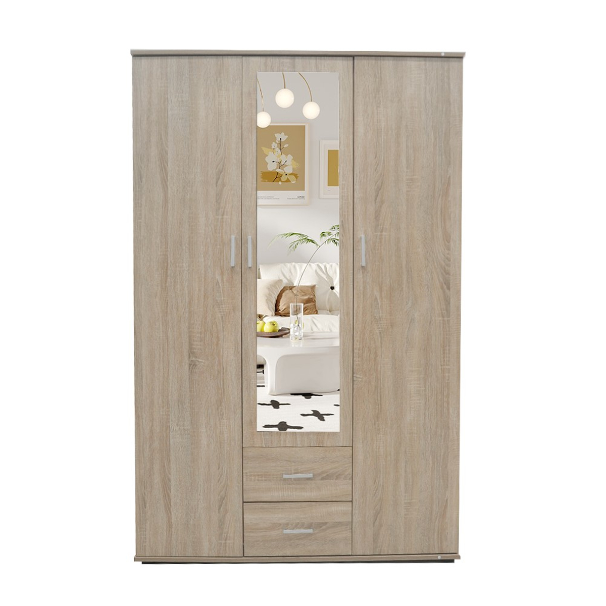 Interiax Kledingkast 'Lena' – 3 Deuren, 2 Lades, 1 Hanger, Spiegel & 4 Legplank | Sonoma Eik | 185x120x52cm