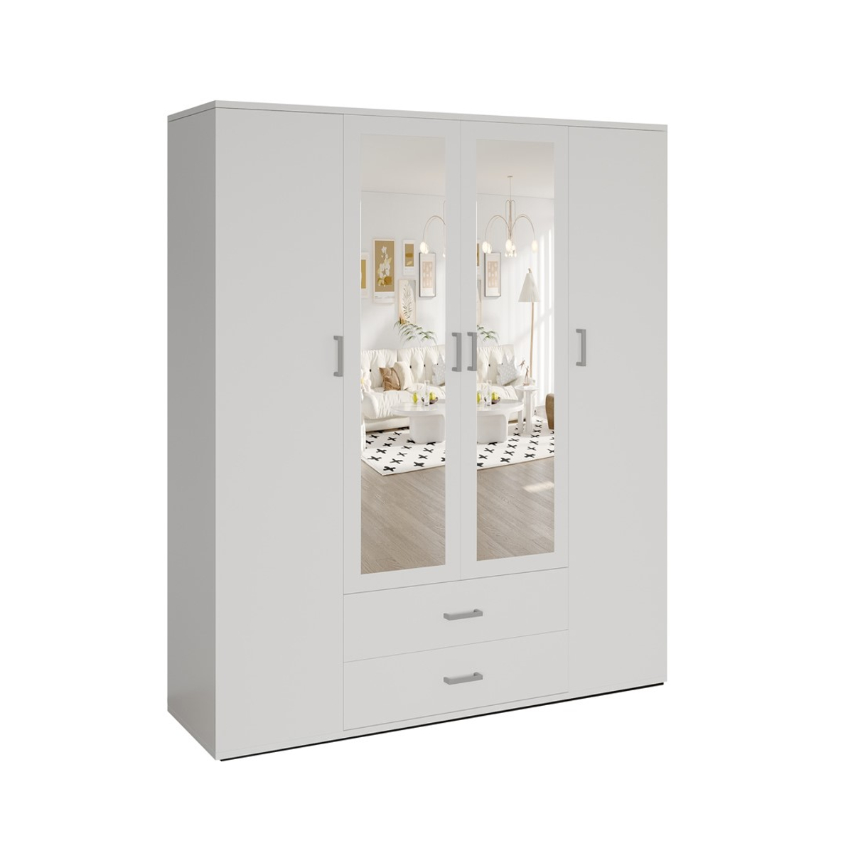 Interiax Kledingkast 'Lena' – 4 Deuren, 2 Lades, 1 Hanger, 2 Spiegels & 7 Legplanken | Wit | 185x160x52cm