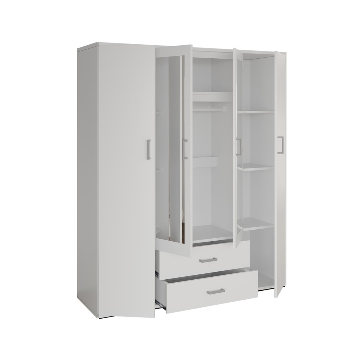 Interiax Kledingkast 'Lena' – 4 Deuren, 2 Lades, 1 Hanger, 2 Spiegels & 7 Legplanken | Wit | 185x160x52cm