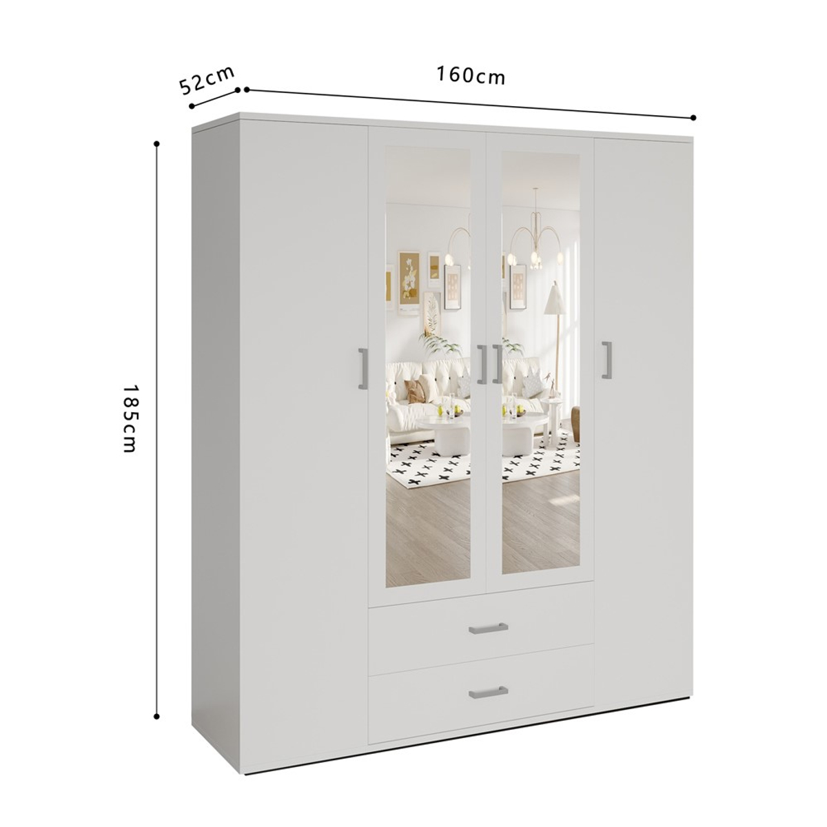 Interiax Kledingkast 'Lena' – 4 Deuren, 2 Lades, 1 Hanger, 2 Spiegels & 7 Legplanken | Wit | 185x160x52cm