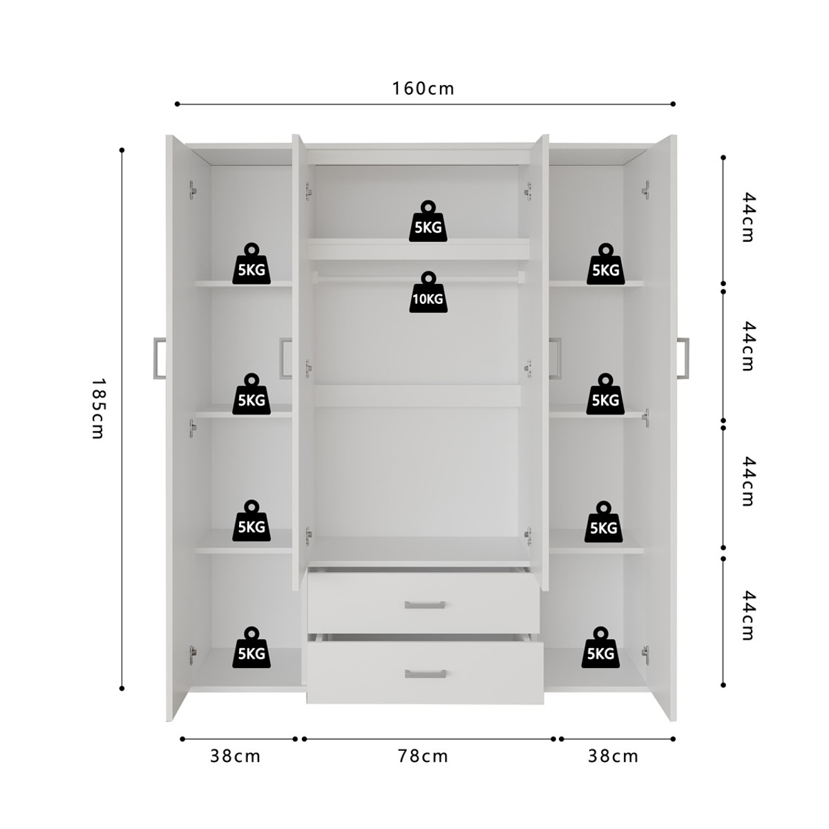 Interiax Kledingkast 'Lena' – 4 Deuren, 2 Lades, 1 Hanger, 2 Spiegels & 7 Legplanken | Wit | 185x160x52cm