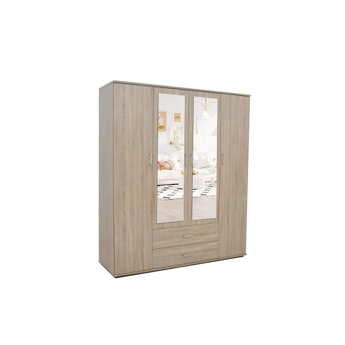 Interiax Kledingkast 'Lena' – 4 Deuren, 2 Lades, 1 Hanger, 2 Spiegels & 7 Legplanken | Sonoma Eik | 185x160x52cm